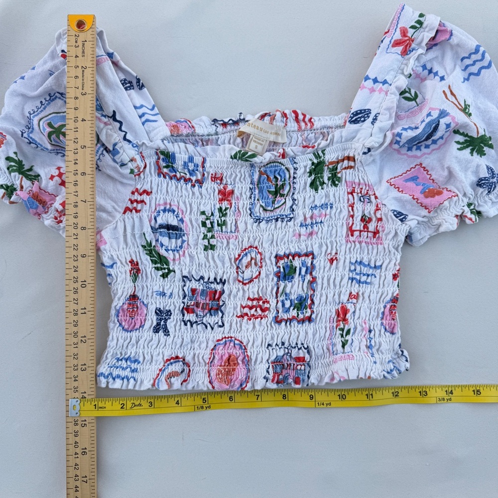 Monteau Italy Linen Blend Smocked Puff Sleeve Crop Top S - Picture 4 of 7